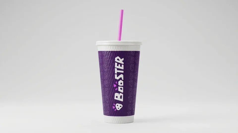 Concept visualization of a purple Booster cup with white wordmark and neon straw
